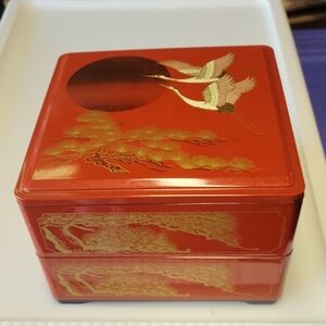 Antique Bento- Jubako 2 Tier Box W/ Lid/ Great Vintage Cond./ Cranes